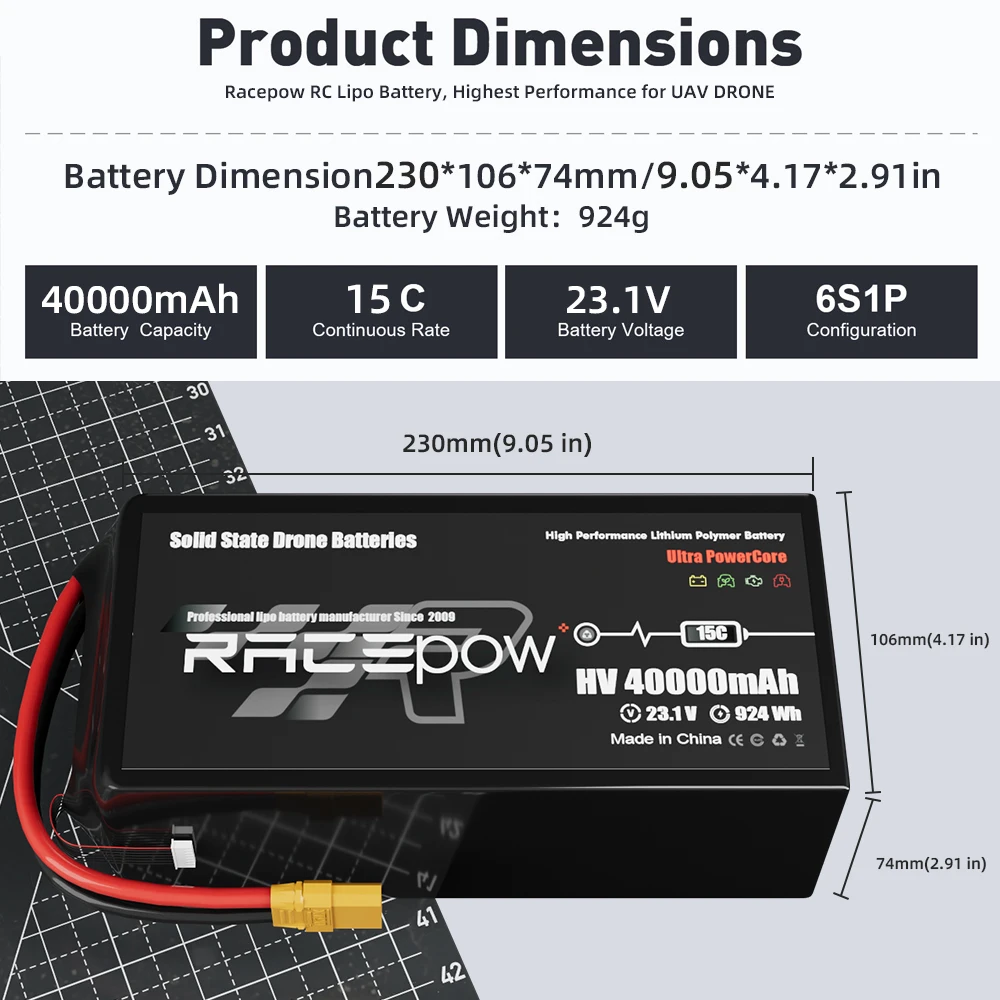 Racepow solid state battery 6S 12S 22000mAh 25000mAh 30000mAh 40000mAh Drone Uav / Industrial Uav/Fixed-Wind Vtol /Multirotor