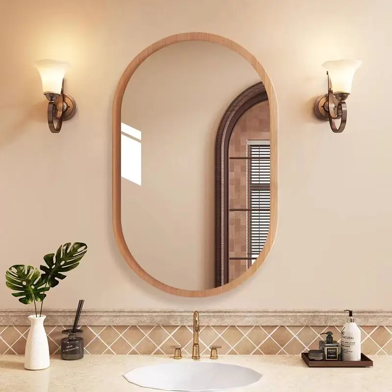 Wholesale Retro Style Wood-Like Makeup Mirror Entryway Hallway Living Room Wall Mounted China Bathroom Decorative Mirror