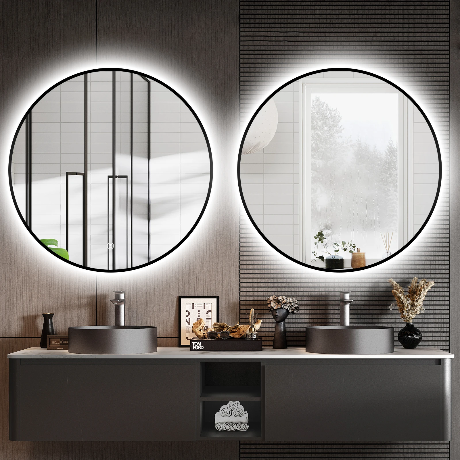 Hot Selling Metal Black Framed Mirrors Circle Decorative Wall Mirror Vanity Bathroom Mirror with Backlit Light