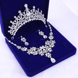 Wholesale Girl Bling Bride Hair Accessories Tiaras Earrings Necklace Wedding Crown Jewelry Set With Box