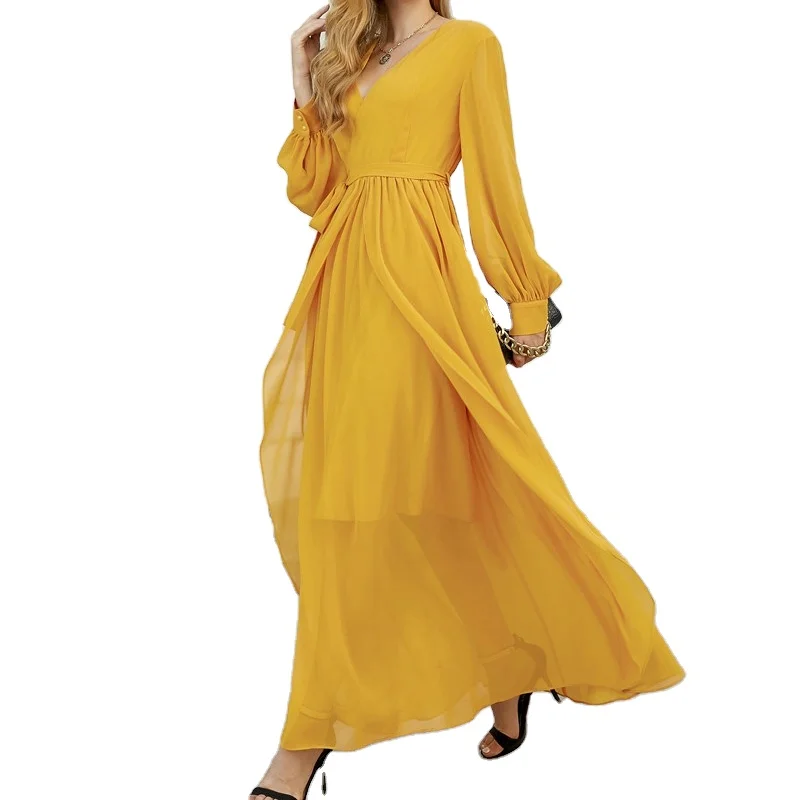 2021 New Womans Fashion Lady Yellow Chiffon Ruffle Ladies Maxi Long Dress Women Elegant Summer occasion Casual Dresses