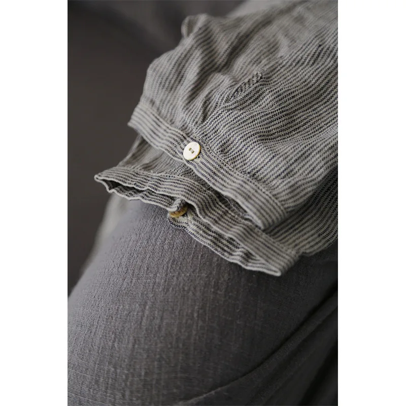 2022 summer patchwork design short sleeve blouse strip linen clothes women