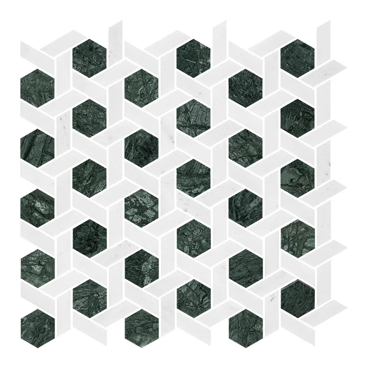 Hexagon Green and White Marble Tile Green Mosaic Tile Green Water Jet Marble Mosaic Tile