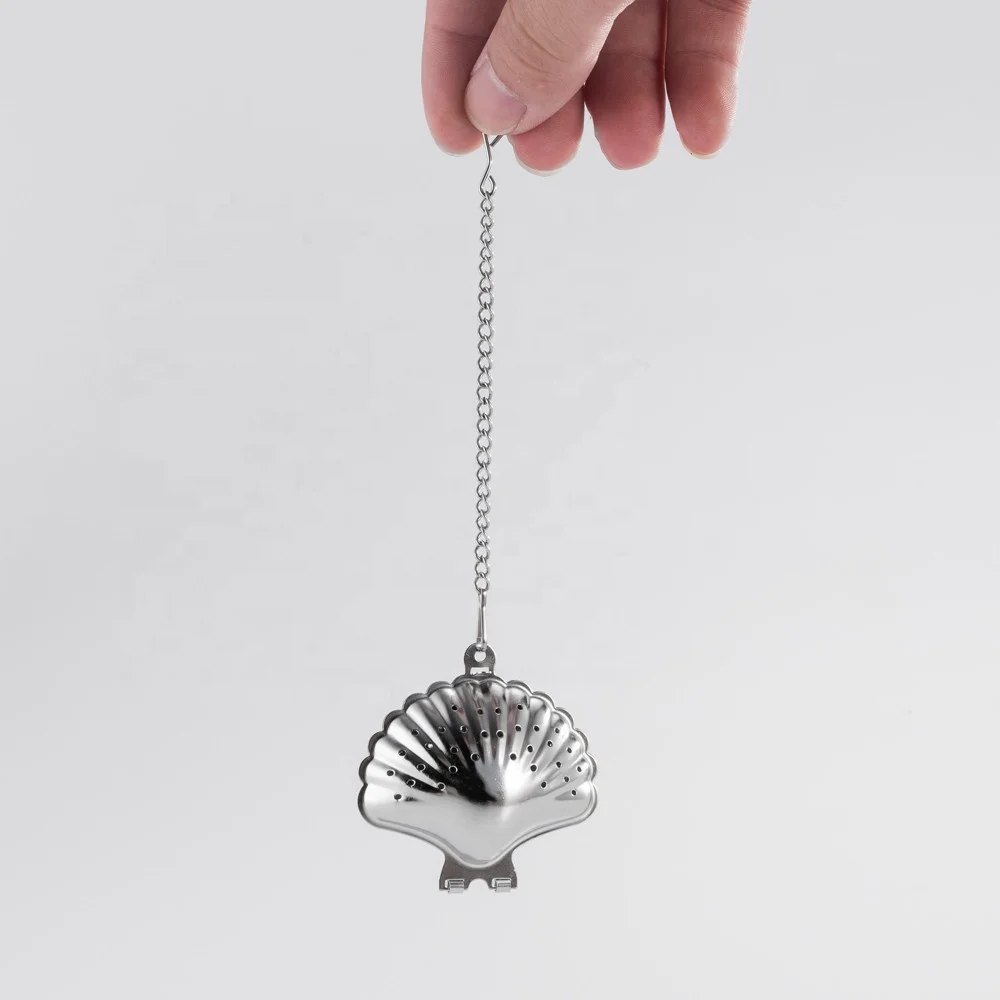 Wholesale Seashell Shape Stainless Steel Tea Strainer Tea Infuser with Chain Hook and Drip Tray