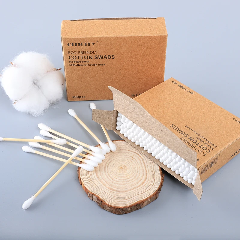 Custom Made 100PCS 100% eco friendly  bamboo Stick Cotton Swabs Double Round Head