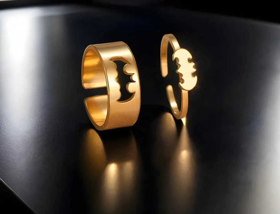 Vampire Bat Gold Plated Bat Ring  Goth Jewelry  Two Pcs Silver Plated Adjustable Ring Superhero Couple Rings