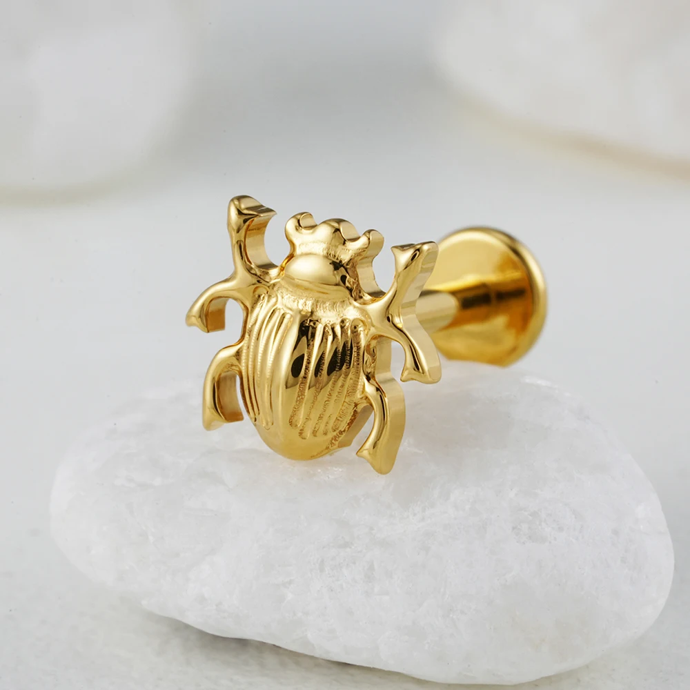 Right Grand ASTM F136 Titanium 16G Scarab Beetle Cartilage Stud Earring Internally Threaded Insect Helix Earlobe Labret Piercing