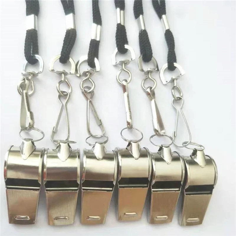 High Quality Silver Aluminum Sports Whistle Rope Extra Loud Referee Coach Whistles for Football, Basketball, Soccer, School