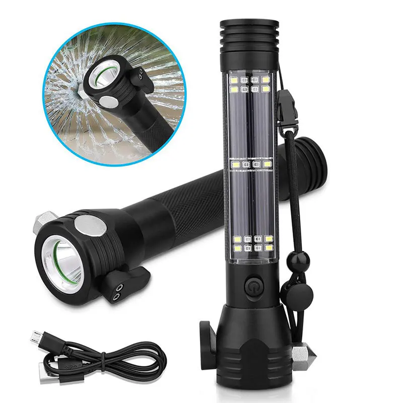 Self-defense easily window break Emergency hammer Multifunctional aluminum Solar rechargeable flashlight