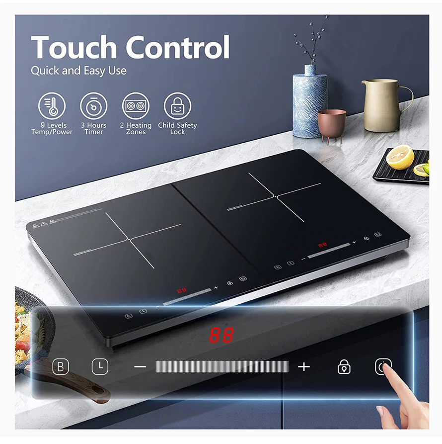 Electric Induction Cooktop 2 Burners, Kids Lock & Timer,3500W LED touch control,Black Ceramic Smooth Surface Portable stove