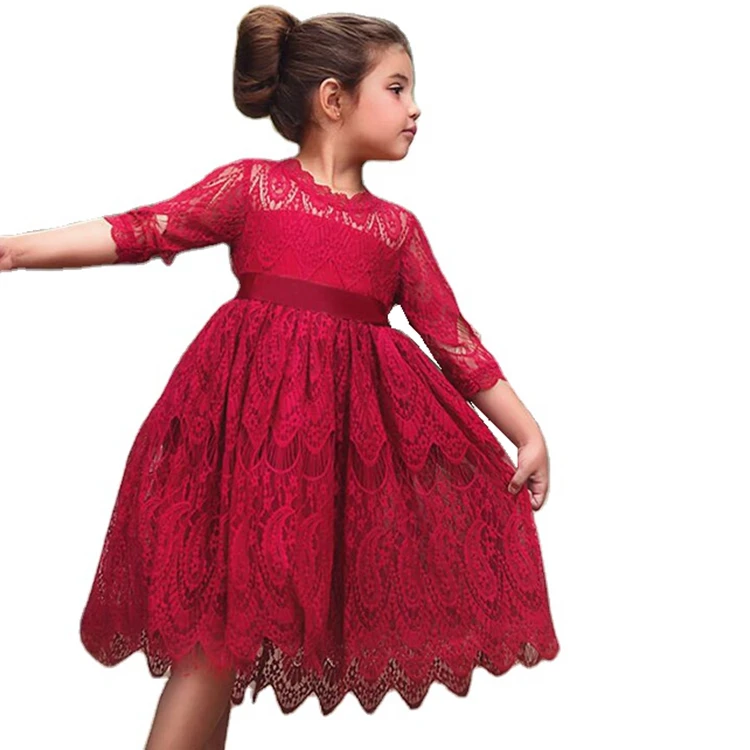 Half sleeve red kids clothes princess dress girl frock children lace dress