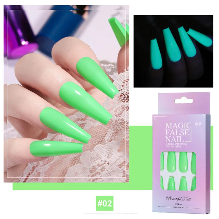 24PCS Noctilucence Neon Lights Luminous Long Ballet Nightclub Party Girls Coffin Fake Nails
