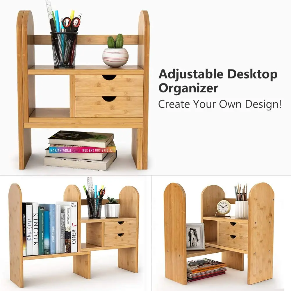 Настольная бамбуковая книжная полка Combohome, столешница, книжный шкаф Регулируемый с 2 ящиками, настольный органайзер для хранения для офиса