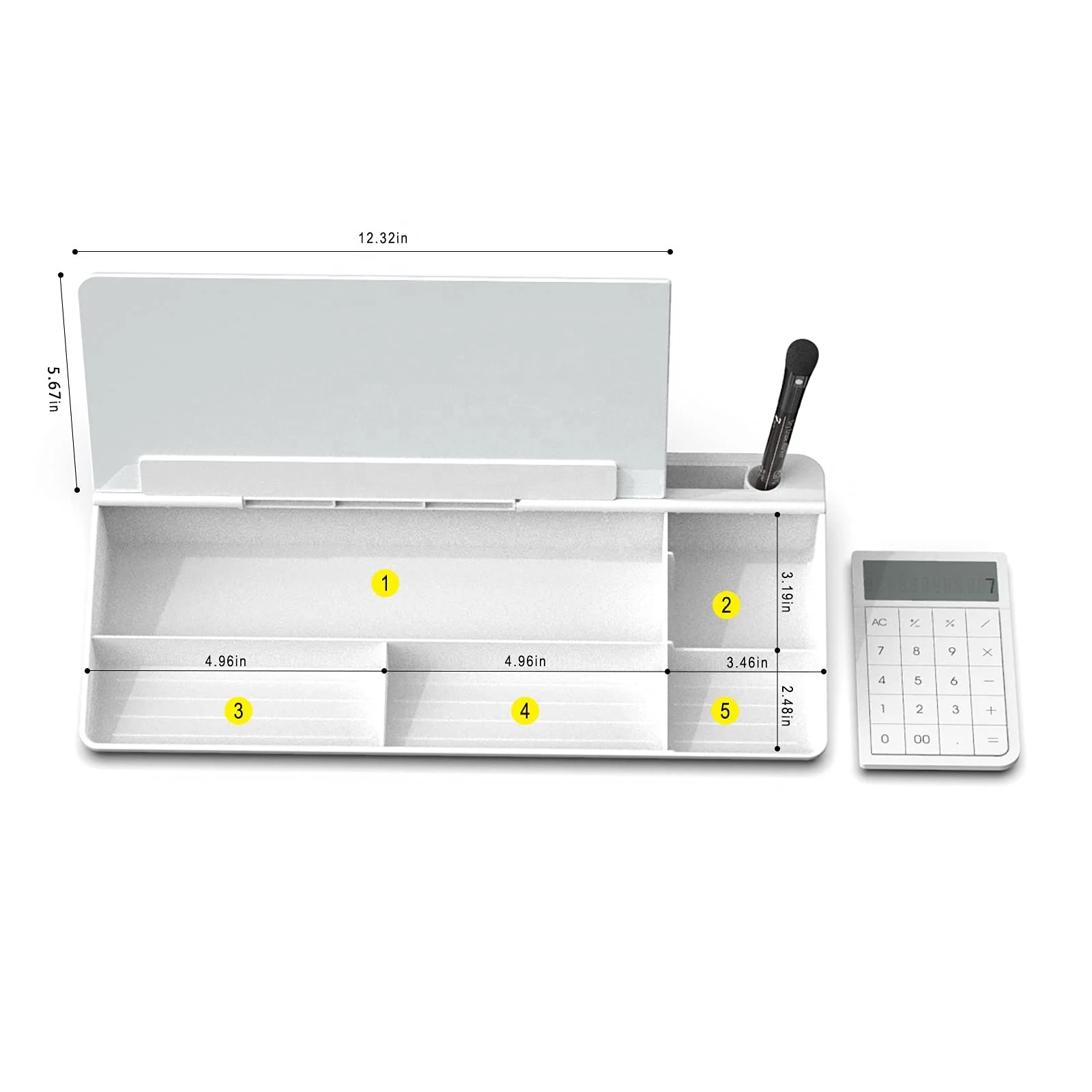 Desktop Glass Whiteboard with Basic Calculator, 12 Digit LCD Display, Desk Organizers with Accessories for Office 18' x 6'