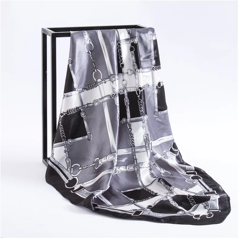 Yucat 90X90cm Wholesale Fashion Women Hair bands Custom Plaid Chain Square Satin Silk Scarf For Girls