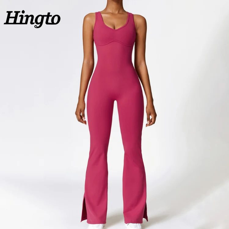 U Back Bodycon Full Length Flare bodysuit For Women One Piece Sport Jumpsuit Women Workout Gym Fitness Casual Yoga Jumpsuits