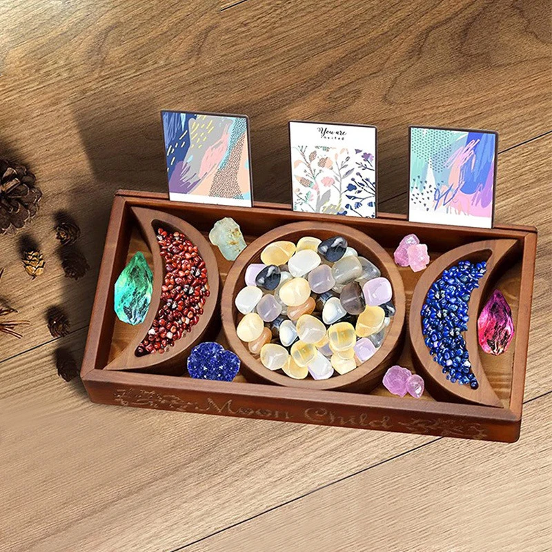 Wooden moon tray stone crystal storage decorative tray Tarot card base card holder tray