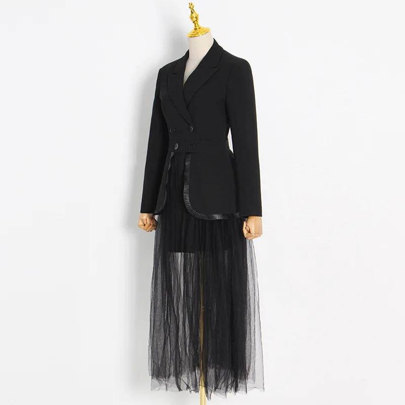 Mesh Gauze Pleated Skirt Two Pieces Suits Women's Blazer Dress Breathable Solid Pattern Woven Long 100% Polyester Women