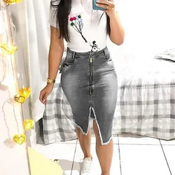 KNY6003  2019 women acid wash skinny long blue ladies jeans skirts