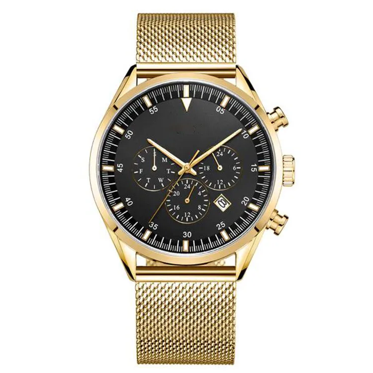 Private label OEM brands Gold stainless steel waterproof luxury men chronograph wristwatch