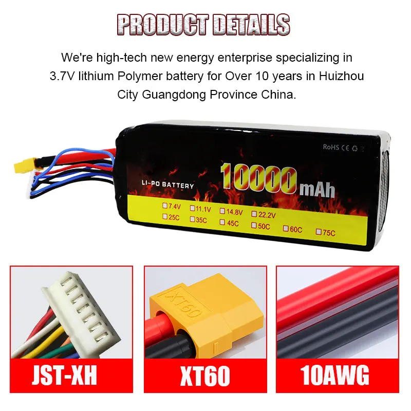 Aircraft Drone Batteries 6S 40C 10000mAh 22.2V Lipo Battery for Agricultural Drone Battery
