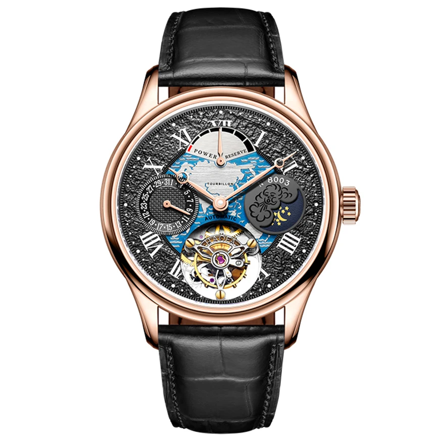 Top grade cow leather strap power show multi function tourbillon waterproof men mechanical watch