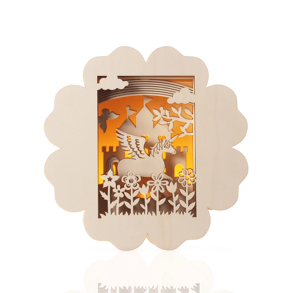 Cute home ornament horse fox cart pattern wood wooden led light box