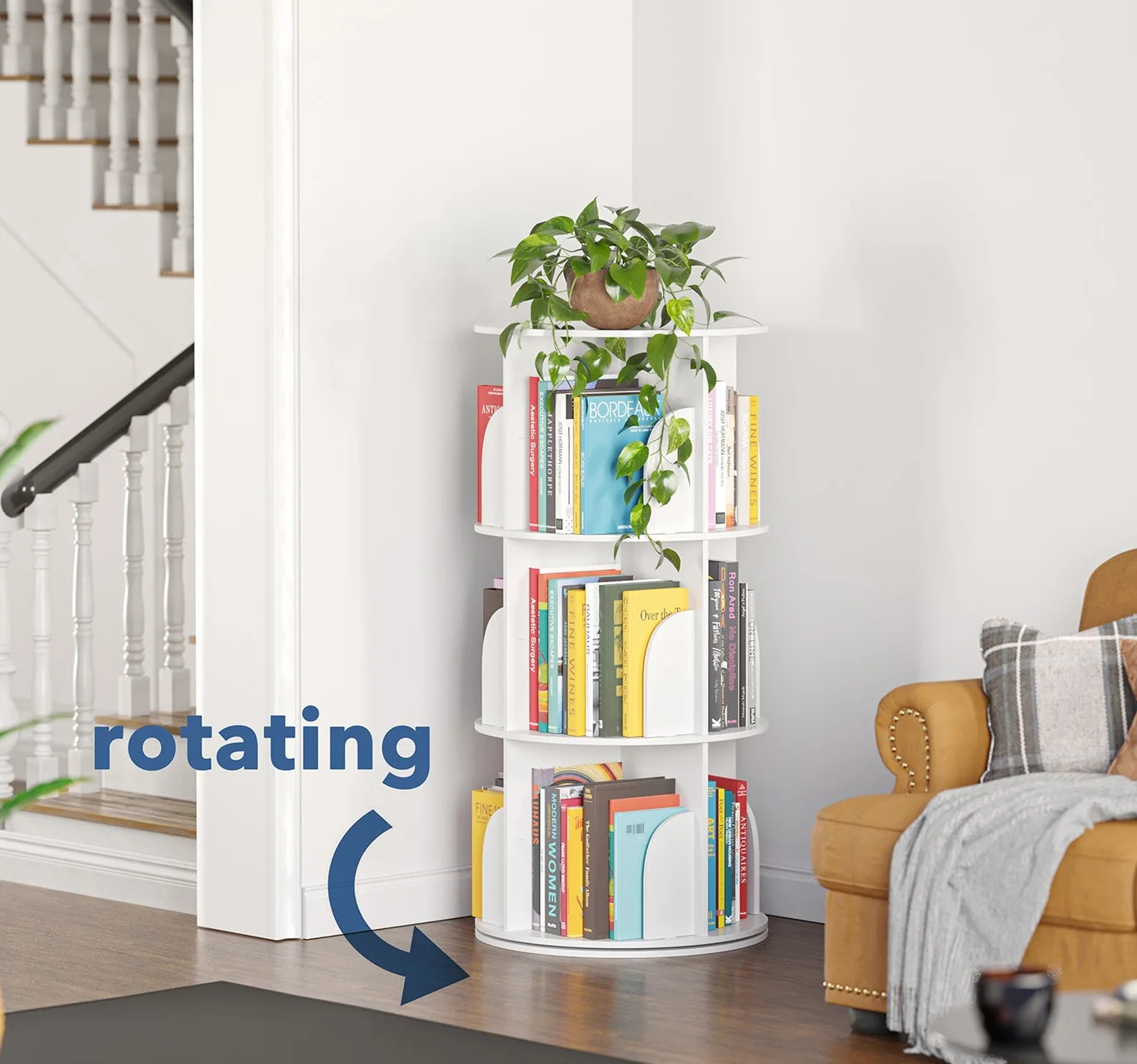 Rotating Bookshelf 360 Display 3 Tier Floor Standing Bookcase Storage Rack for Kids Adults PVC Bookshelf Organizer