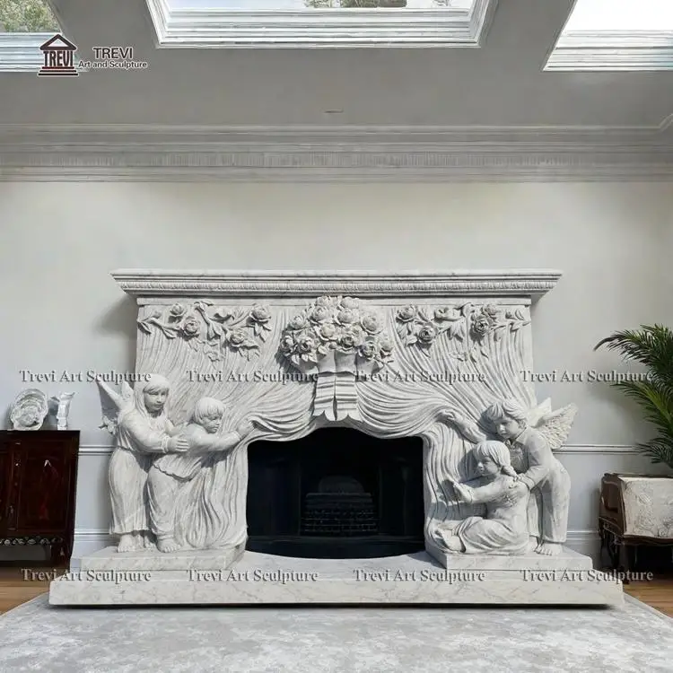 Роскошная каминная рама камина из натурального мрамора со статуей херувима