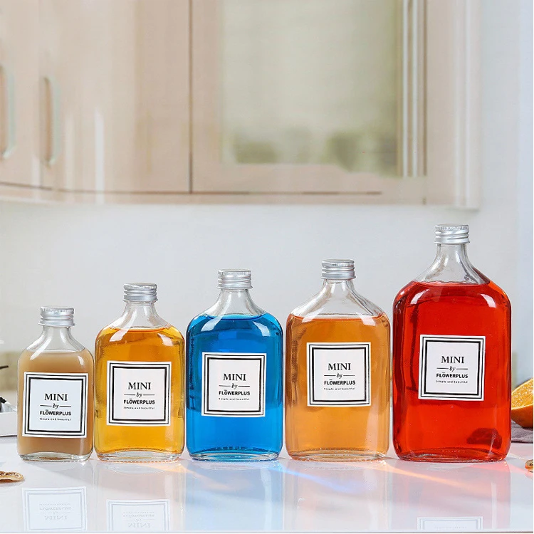 50ml 100ml 200ml 250ml 350ml 500ml Clear Glass Flat Flask Shape Juicing Beverage Cold Brew Bottle with Screw Cap