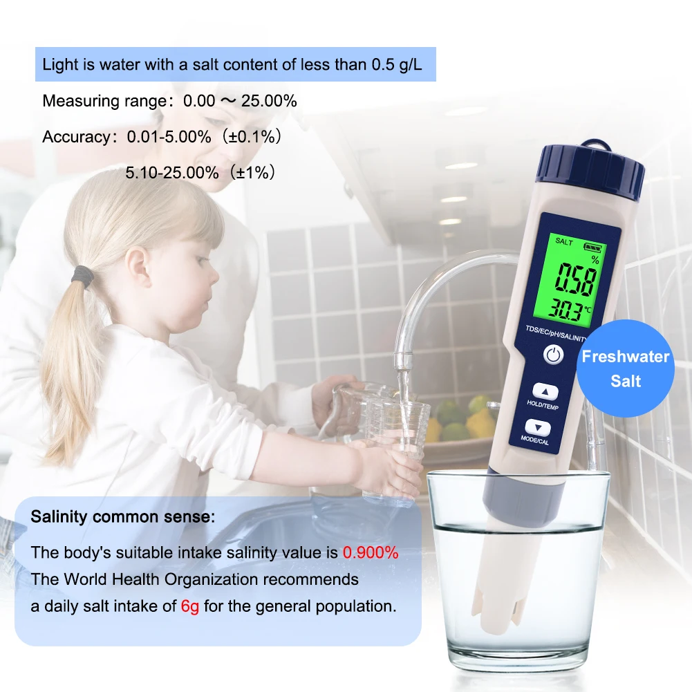 0-60 Celsius degree tds meter sensor 5 in 1 TDS/EC/PH/Salinity/Temp water quality multimeter