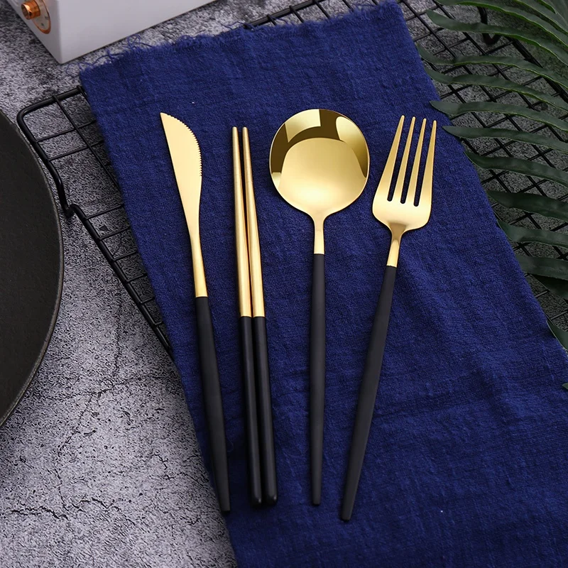 Aliexpress Hot Sale 16 Pcs Black Gold Cutlery Chopsticks Knife Fork Spoon Stainless Steel Korean Luxury Flatware Set