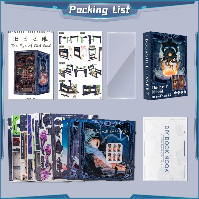 CuteBee 3D Wooden Puzzle Handmade Craft The Eye of Old God with Light Building Model Toys Book nook Wooden Book Nook