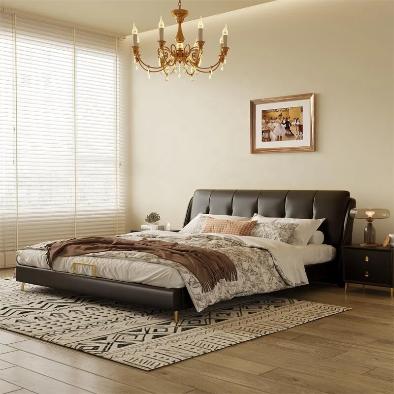 New luxury bedroom furniture Solid wood frame genuine leather bed gas lift storage drawer king size double bed
