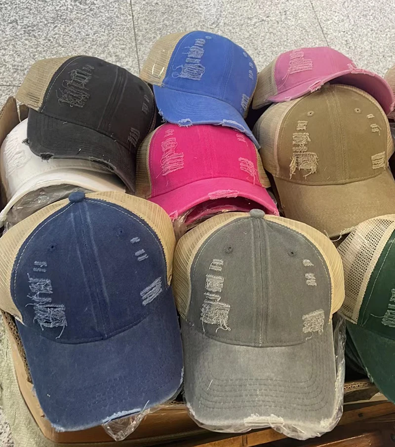 Wholesale Washed Cotton Mesh Messy Ponytail Trucker Cap Sports Baseball Cap For Women Wig Caps
