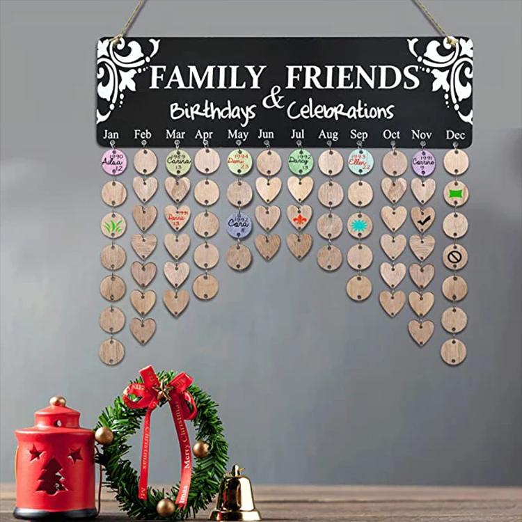 The wooden family calendar reminds of the calendar the anniversary of the event and the tag hang on the wall of the home class