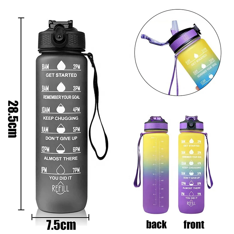 BPA Free 1L 1 Liter Plastic Large Capacity Tritan Gym Sport Motivational Water Bottle with Straw and Time Marker