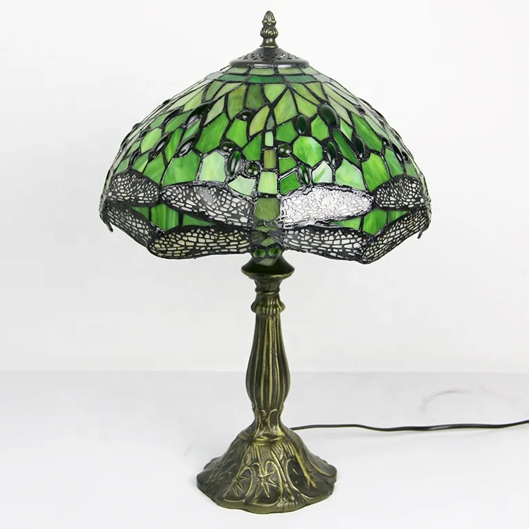 LongHuiJing 12Inch Dragonfly Green Stained Glass Lampshade Desk Lights Handmade Glass Table Lamps With zinc Alloy Base
