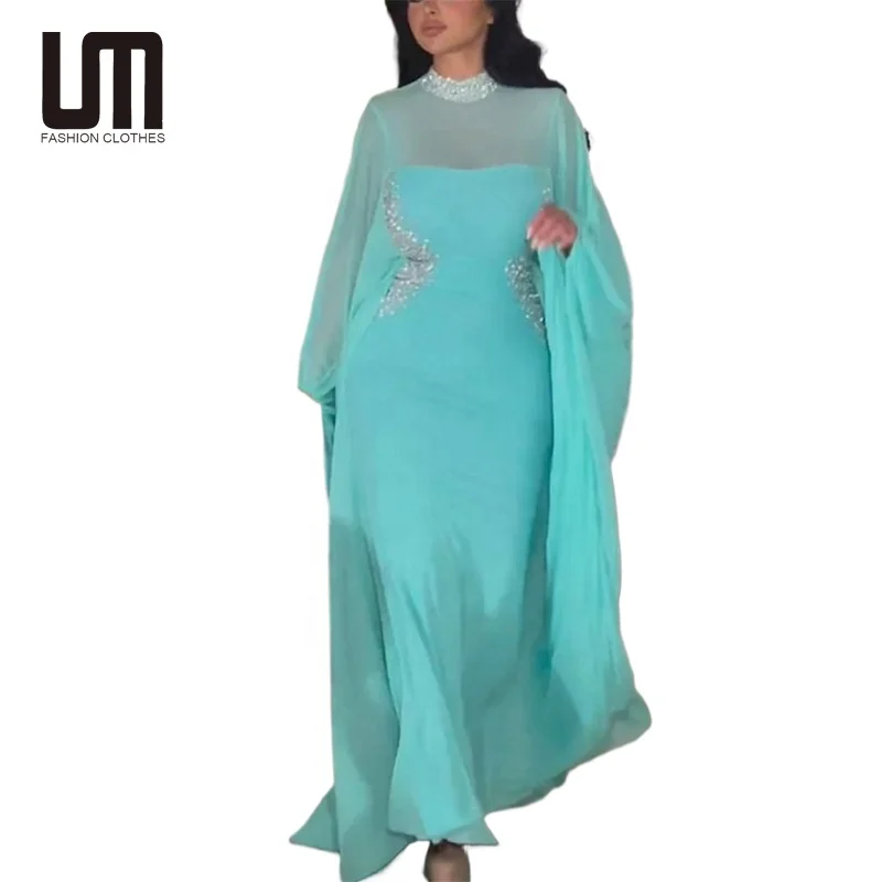 Liu Ming Trendy Products 2024 Women Loose Sleeve Muslim Abaya Caftan Robe Cloak Chiffon Banquet Evening Dress 2 Piece Set