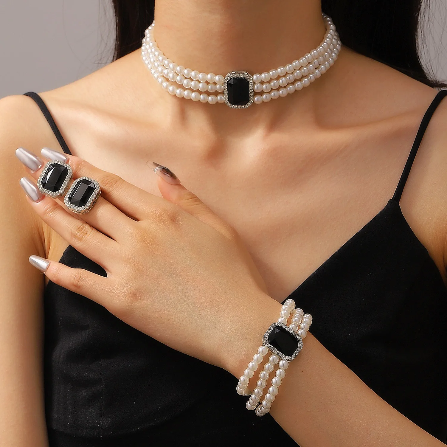 3Pcs Imitation Pearl Beaded Choker CZ Inlaid Square Crystal Charm Bracelet Necklace Earrings Jewelry Set for Women Wedding