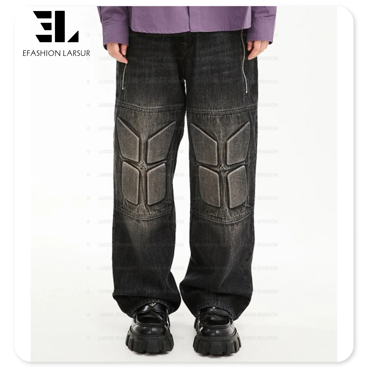 LARSUR Custom factory 3D embroidery knee quilted patch knee biker cargo jeans straight embossed padded moto biker denim pants
