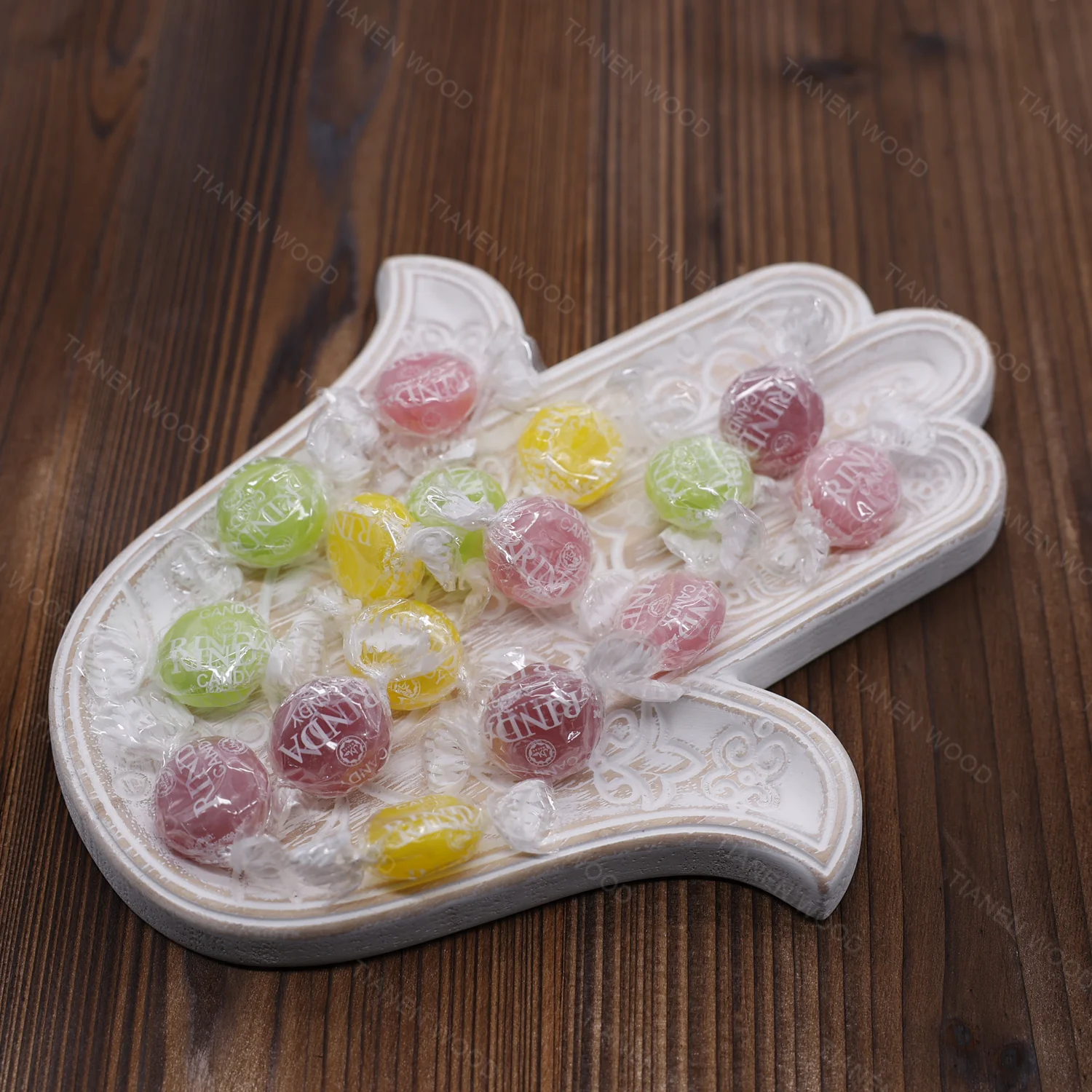 Custom Size Small Carved Design Whitewashed Wooden Decorative Plate Candy Holder Snack Platter Hamsa Hand Serving Storage Tray