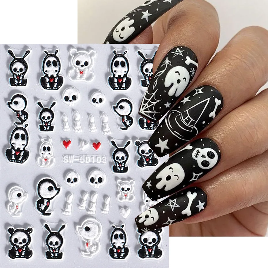 C373 SAFENG Halloween 5D Embossed Nail Stickers Relief Skull Ghost Pumpkin Self-adhesive Sticker Decals DIY Nail Art Decoration