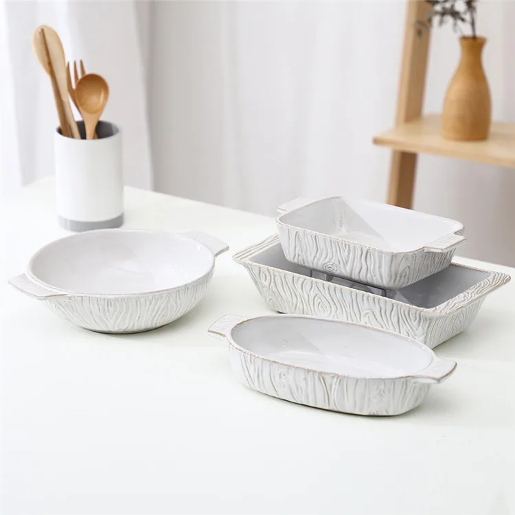 Hot sale kitchen matte embossed design cheap cake bread pizza pie white ceramic baking dish set with different size