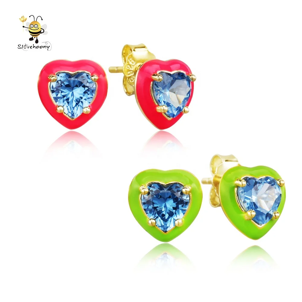 Slovehoony Enamel Love Heart Stud Earrings Colorful Candy Heart Earrings Blue Stones 925 Sterling Silver For Women 2021 Jewelry