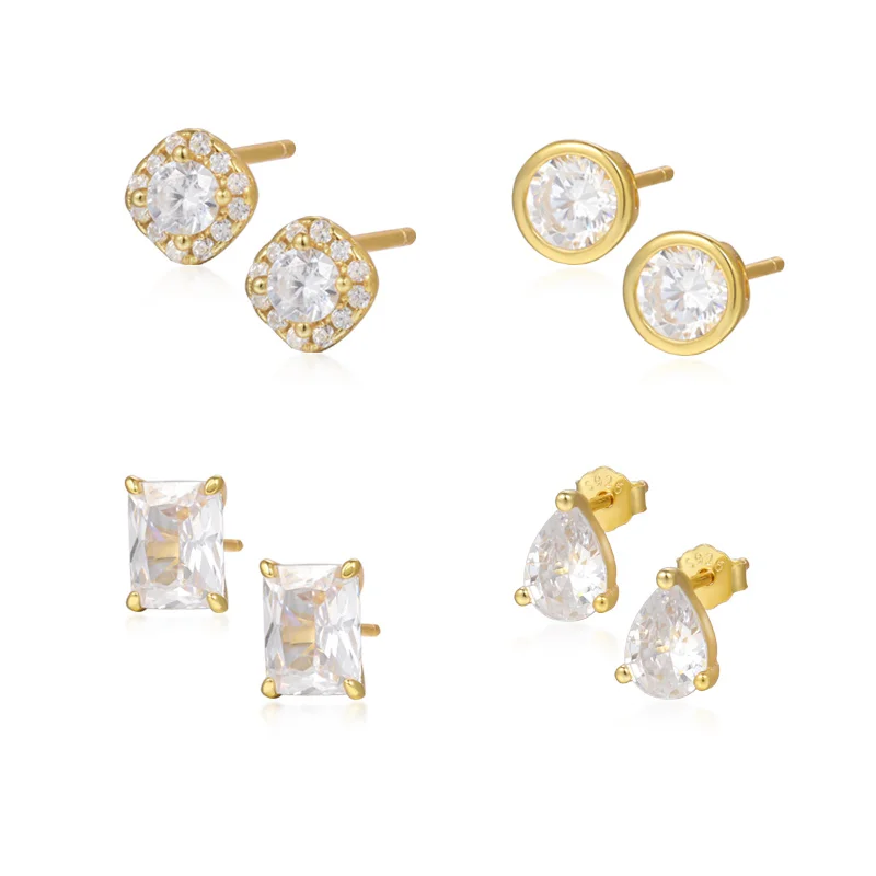 Elegant Trendy 925 Sterling Silver Zircon Diamond Water Drop Round Square Fancy Stud Earrings for Girls Women