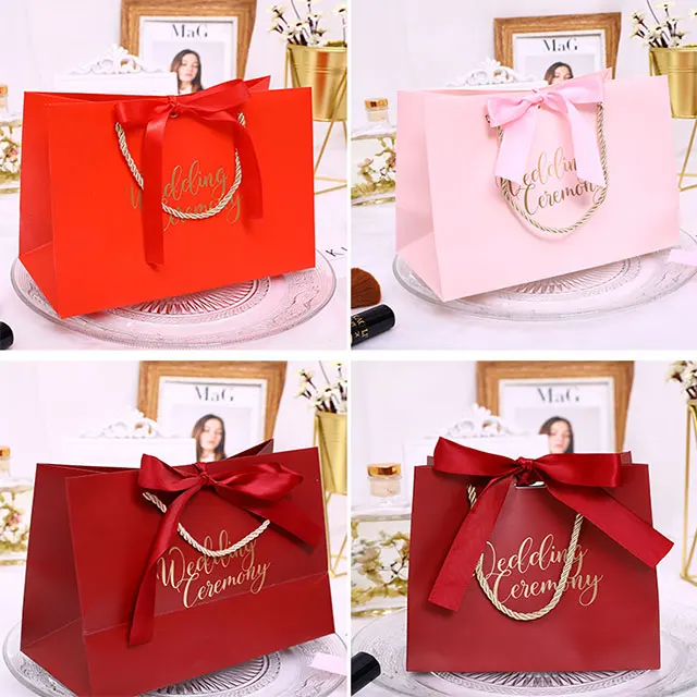 Candy Color Gift Paper Bags Solid Shopping Bag with Handle and Ribbon Wedding Party Favors Festival Big & Small Gift Bags 10pcs