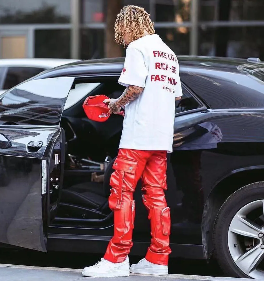 Mens High Quality Faux Leather Stacked Cargo Pants Manufacturer Custom Loose Multi Pocket PU Trousers Streetwear For Men