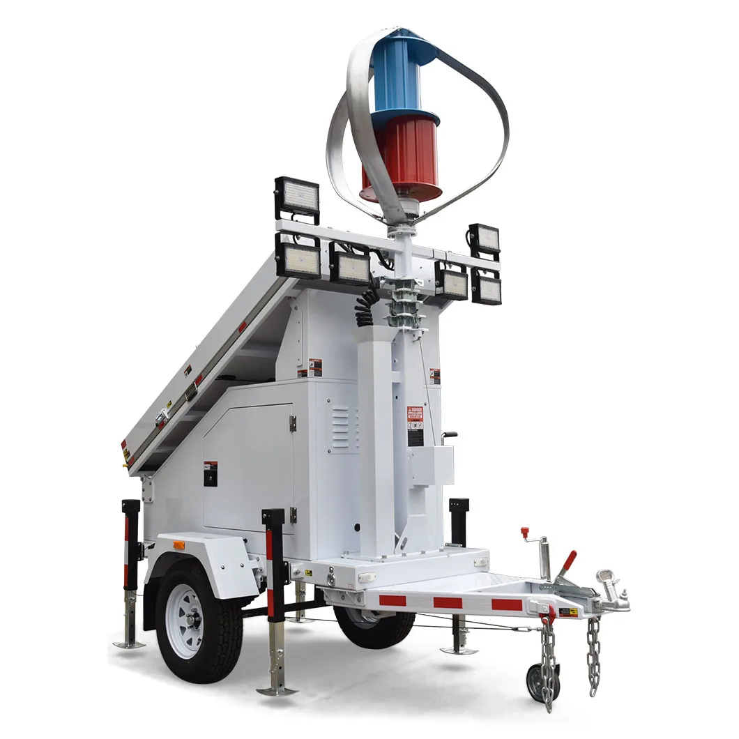 Mobile wind and solar power lighting tower trailer