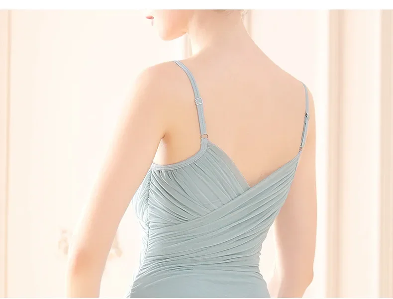 Women Dance Leotard Ballet Pleated V-neck Bodysuit Irregular Mesh Skirt Teen Training Gymnastics Skating Ballerina Dancewear